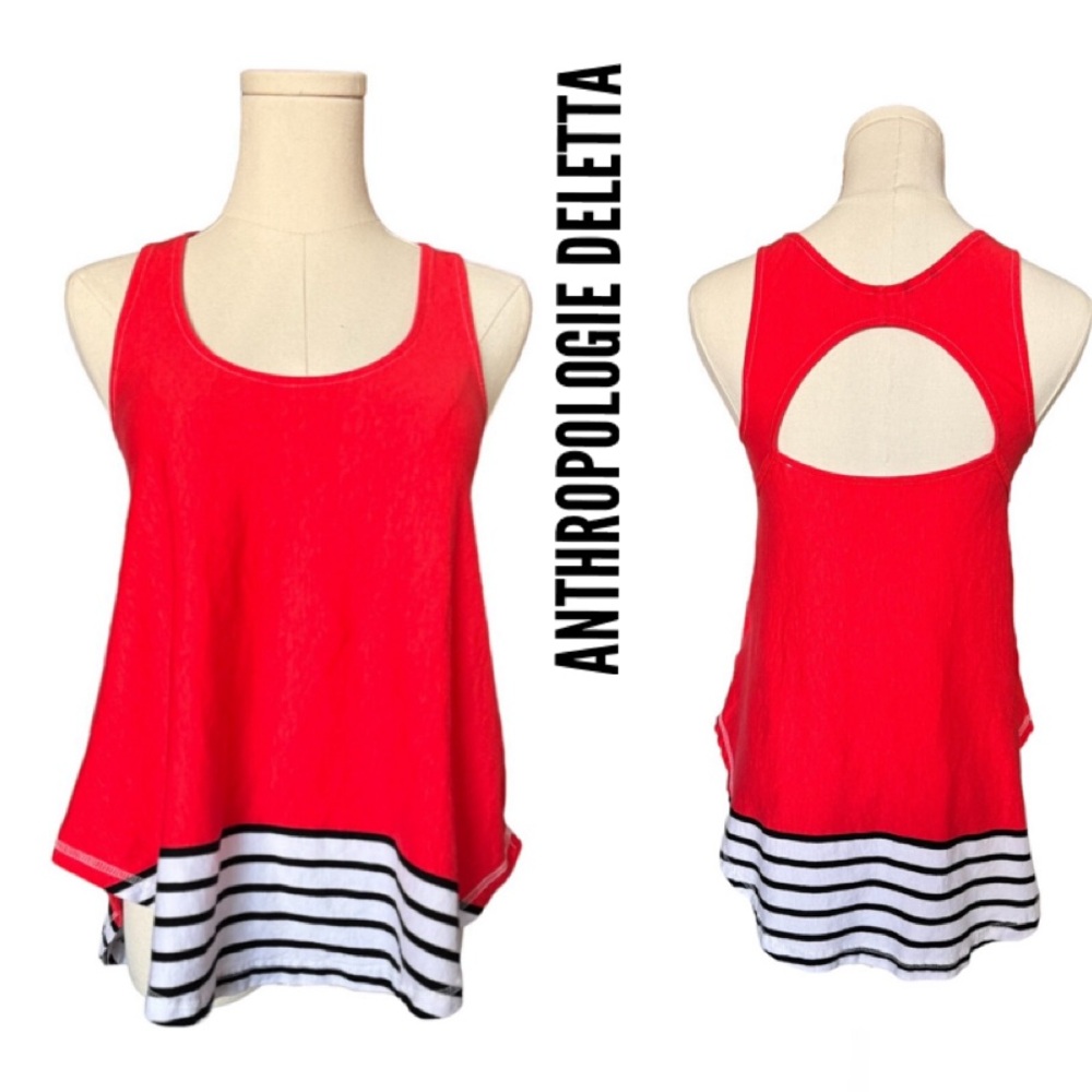 Anthropologie Deletta Striped Coral Red Swing Tank with Keyhole Back Size XS